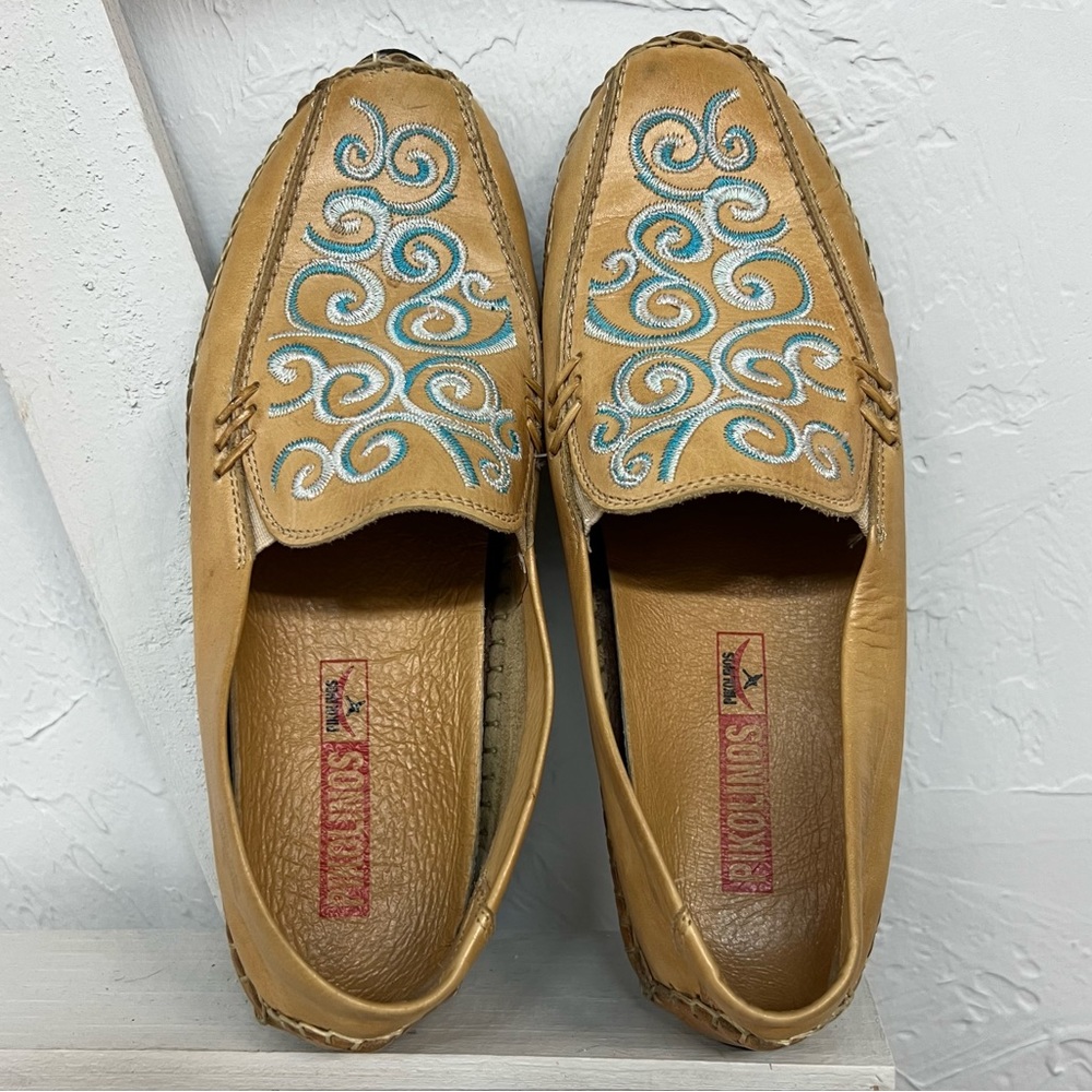 Pikolinos Leather Slip On Moccasin Blue Floral Design